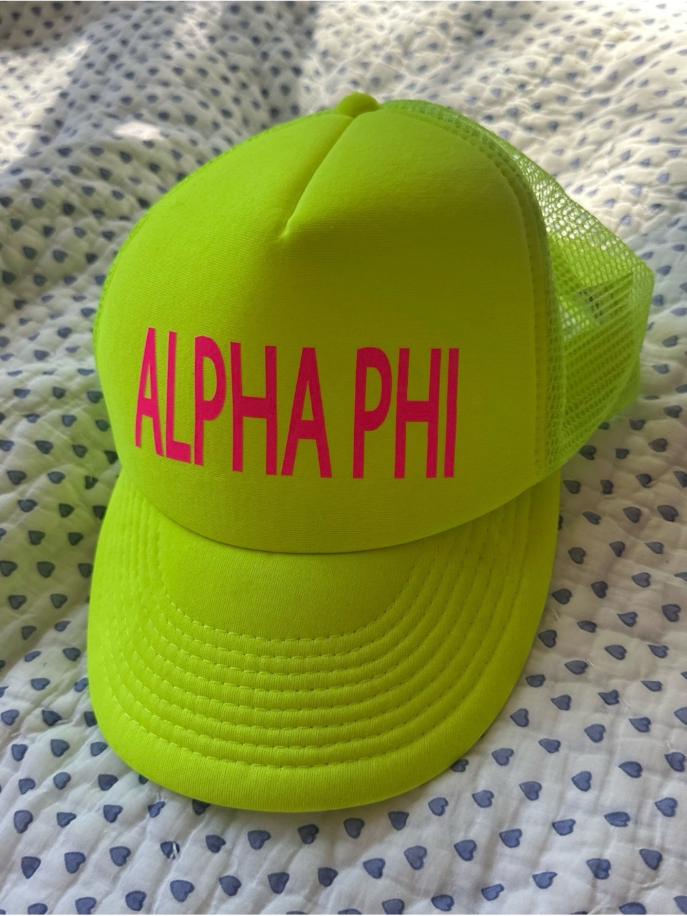 Neon Yellow Alpha Phi Trucker Hat with Pink Logo
